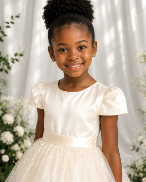 Vestido Infantil Marfim Longo de Princesa Brilhante e Mangas