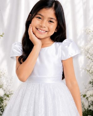 Vestido Infantil Branco Longo de Princesa Brilhante e Mangas