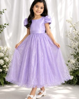 Vestido Infantil Lilás Longo de Princesa Brilhante e Mangas