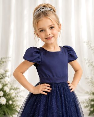 Vestido Infantil Azul Marinho Longo de Princesa Brilhante e Mangas