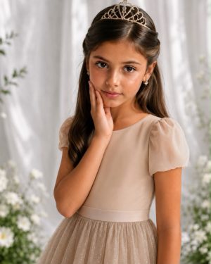 Vestido Infantil Dourado Longo de Princesa Brilhante e Mangas
