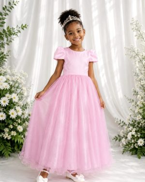 Vestido Infantil Rosa Longo de Princesa Brilhante e Mangas