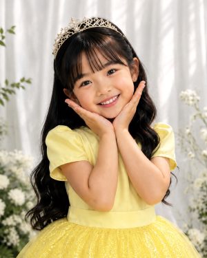 Vestido Infantil Amarelo Longo de Princesa Brilhante e Mangas