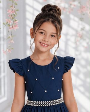 Vestido longo Daminhas, Infantil Azul Marinho em Poliéster, Nervura com Pérolas Cinto Luxo