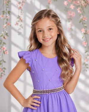 Vestido Longo Daminhas, Infantil Lilás em Poliéster, Nervura com Pérolas Cinto Luxo