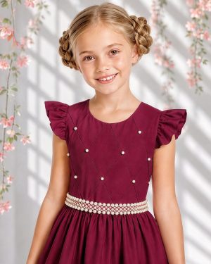 Vestido Longo Daminhas, Infantil Marsala em Poliéster, Nervura com Pérolas Cinto Luxo