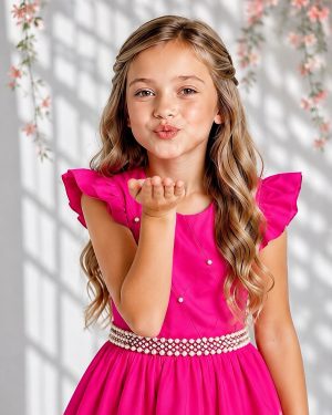 Vestido Longo Daminhas, Infantil Pink em Poliéster, Nervura com Pérolas Cinto Luxo