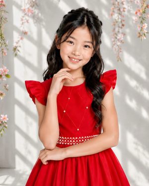 Vestido Longo Daminhas, Infantil Vermelho em Poliéster, Nervura com Pérolas Cinto Luxo