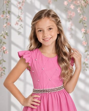 Vestido Longo Infantil Rosa Chiclete Daminha Nervura Pérolas Cinto Luxo