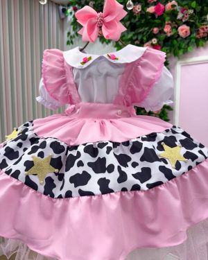 Vestido Temáticos Kids Doce Mimosa Rosa - Fazendinha - Vaquinha