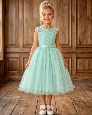 Vestido Infantil Verde Menta Renda e Tule Brilho Damas