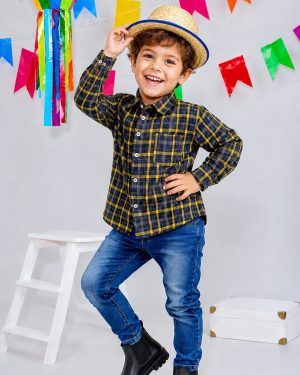 Camisa Infantil Xadrez Flanelada Azul Marinho e Amarela Manga Longa