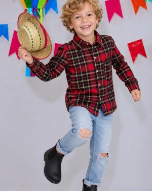 Camisa Infantil Xadrez Flanelada Vermelha e Kaki Manga Longa