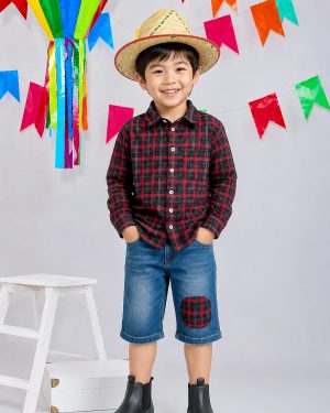 Camisa Infantil Xadrez Flanelada Vermelha e Preta Manga Longa