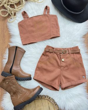 Conjunto Infantil Blusa e Short Sarja Marron Casual Boiadeira