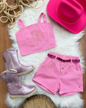 Conjunto Infantil Blusa e Short Sarja Rosa Chiclete Boiadeira Casual