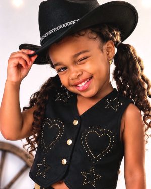 Conjunto Infantil Sarja Preto Colete e Short C/ Cinto Boiadeira Country