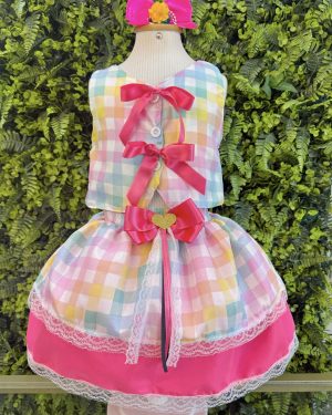 Conjunto Meninas Junino Colete e Saia Rosa e Xadrez Colorido