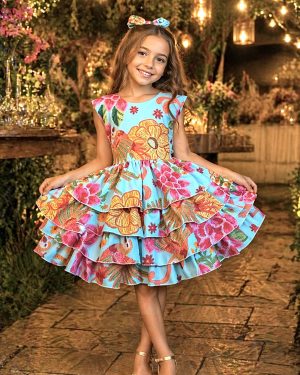 Vestido Infantil Floral  Casual Verde C/ Babados