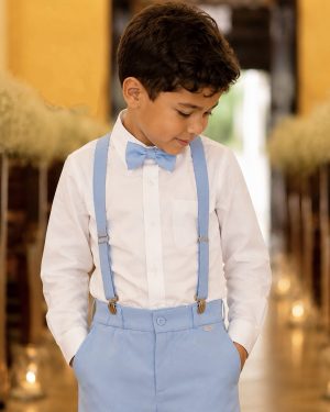 Conjunto Social Pajem Camisa Branca com Calça e Susp. Azul Bebê