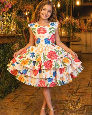Vestido Infantil Floral Casual Bege C/ babados