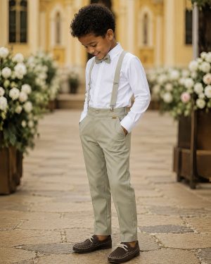 Conjunto Social Pajem Camisa Branca com Calça e Susp.Bege