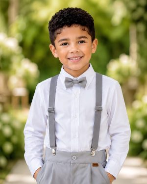 Conjunto Social Pajem Camisa Branca com Calça e Susp.Cinza