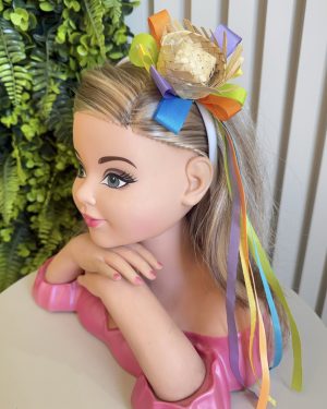 Tiara Junina Infantil Branca com Chapéu de Palha com fitas coloridas