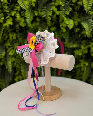 Tiara Junina Infantil Pink com Chapéu de Palha e Girassol
