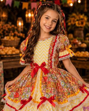 Vestido Caipira Infantil Luxo para Festa Junina com Renda e Laços