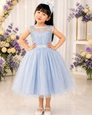 Vestido Infantil Azul C/ Renda e Tule De Brilho