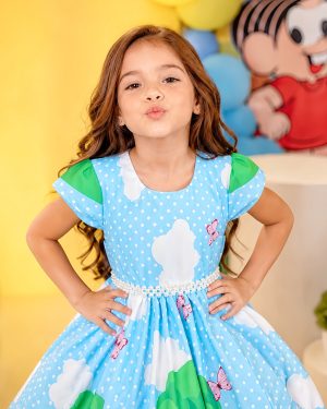 Vestido Infantil Azul Claro Turma da Mônica Festas Mangas Verdes