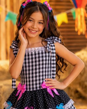 Vestido Infantil de Alça Junino Arraiá Festas Preto Xadrez