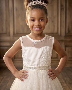 Vestido Infantil Festa Luxo, em Cetim, Off White com Tule Brilhante e Renda