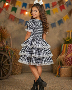 Vestido Infantil Junino Arraiá Festas Preto Xadrez