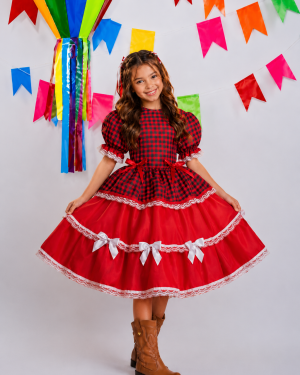 Vestido Infantil Junino Arraiá Vermelho Xadrez Laços e Rendas