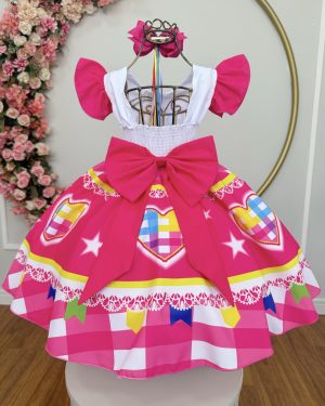 Vestido Infantil Junino Festas Arraiá Pink Coração Colorido