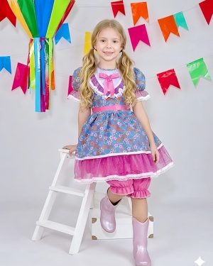 Vestido Infantil Junino Festas Azul Florido e Brilho