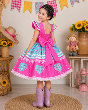Vestido Infantil Junino Pink Colorido Luxo Festas