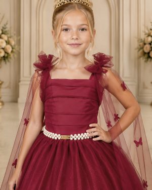 Vestido Infantil Longo Marsala C/ Aplique de Borboletas Festas
