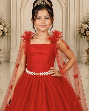 Vestido Infantil Longo Vermelho C/ Aplique de Borboletas Festas