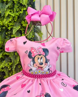 Vestido Infantil Rosa de Festa para Menina com Corações e Margaridas
