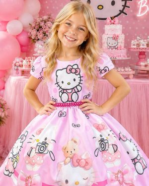 Vestido Infantil Rosa Estampado Gatinha Hello com Saia Rodada