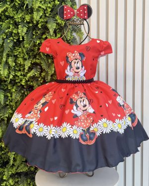 Vestido Infantil Vermelho de Festa para Menina com Corações e Margaridas