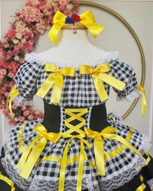 Vestido Infantill Junino Preto Xadrez Arraiá Laço Amarelo