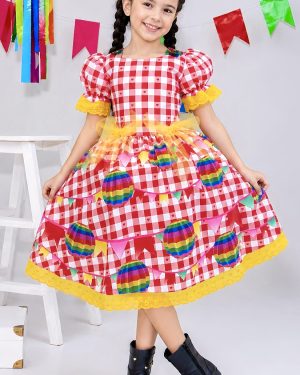 Vestido Junino Infantil Xadrez Vermelho com Balões Coloridos