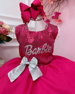 Vestido Infantil Barbie Busto Paetê Pink e Broche de Lacinho