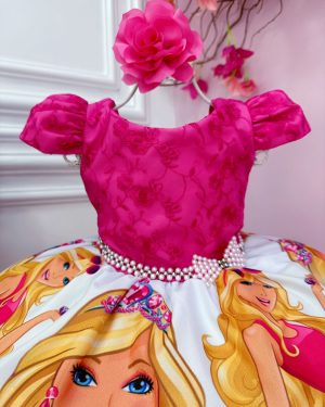 Vestido Infantil Barbie Pink Busto C/ Renda e Flor P/ Cabelo