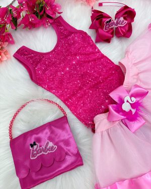 Fantasia Infantil Barbie Pink Body Saia Rosa Com Broche Luxo