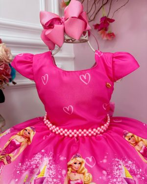 Vestido Infantil Barbie Rosa Chiclete Com Cinto de Pérolas